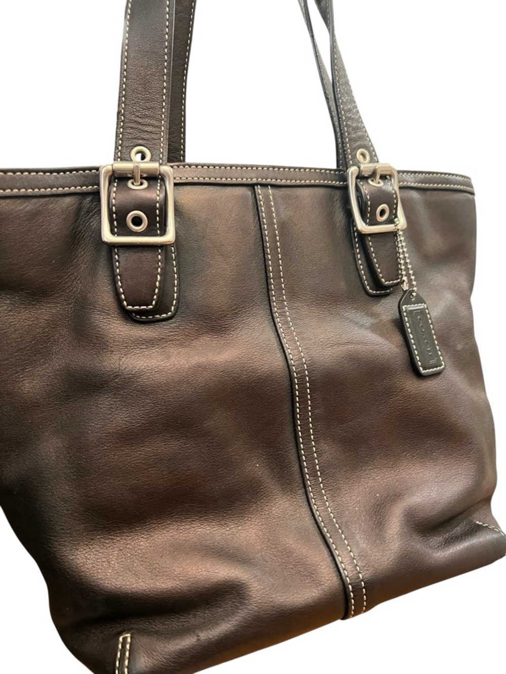 Coach Vintage Hampton Brown Bronze Leather Contrast Stitch Buckle Shoulder Tote - Picture 6 of 13